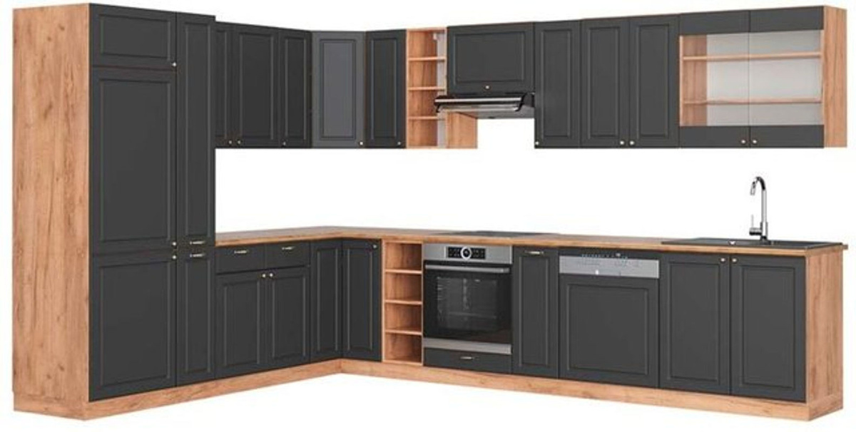 Vicco Küchenschränke Fame-Line in Anthrazit und Eiche im Landhausstil, B: 347 cm, H: 257 cm - Bild 1