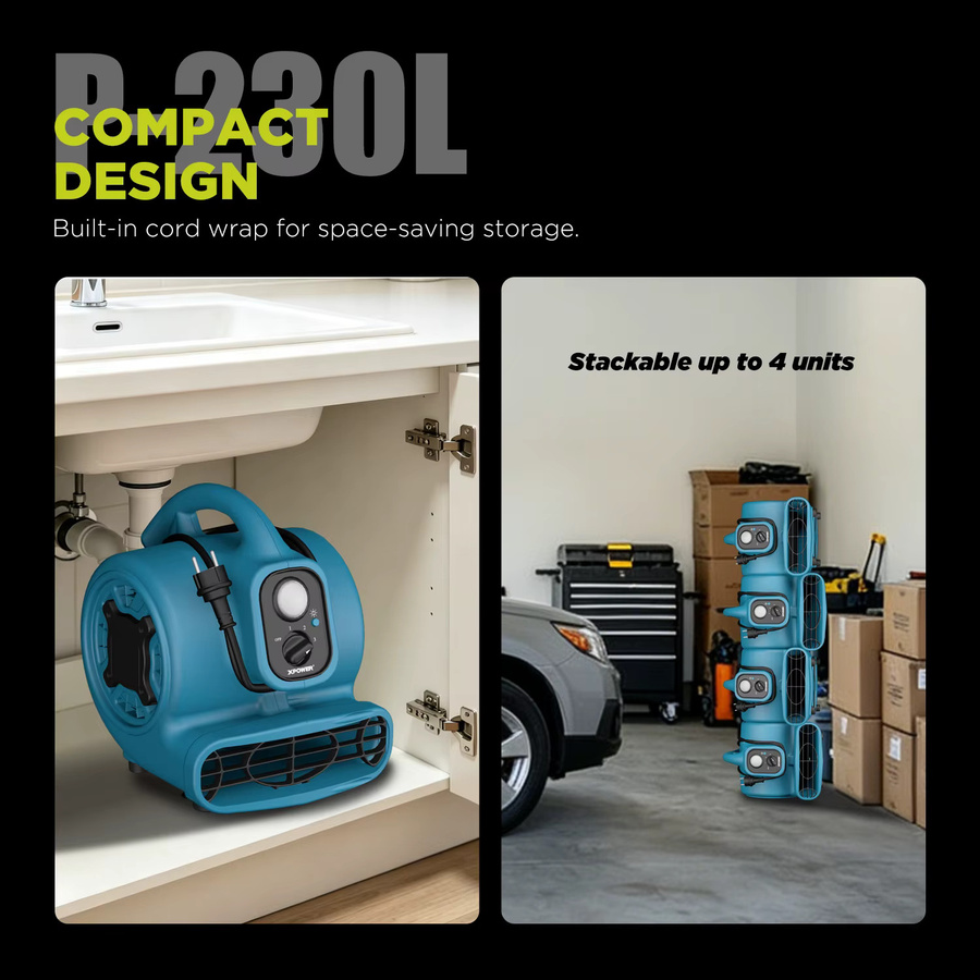XPower P-230L Leistungsstarker Zentrifugal-Luftbeweger in Blau als Teppichtrockner und Bodenventilator mit LED-Scheinwerfer - Bild 5