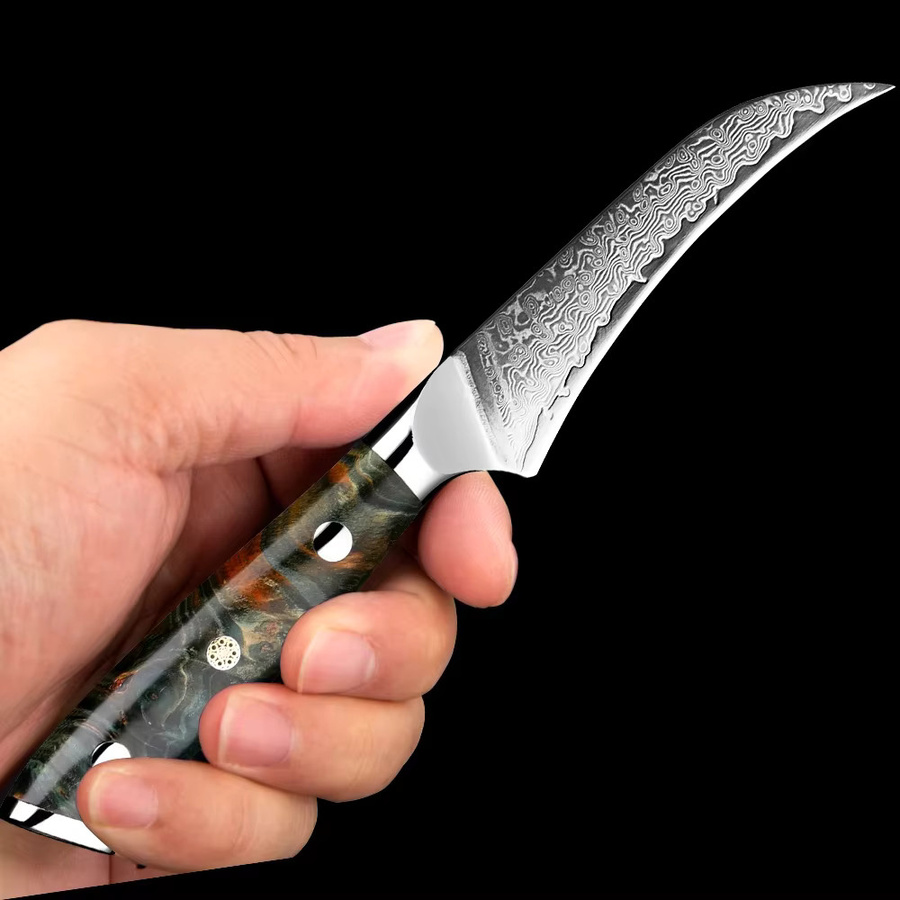 Xituo Damaskus Schälmesser mit 67 Lagen Stahl und Holzgriff, 3,5 Zoll gebogene Klinge, Full Tang, Mehrfarbig - Bild 4