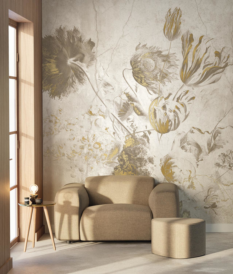 KEK Amsterdam Mural Fresco Flowers Uyterlinde Wandtattoo in Weiß, Gold und Multicolour, Breite: 390 cm - Bild 1