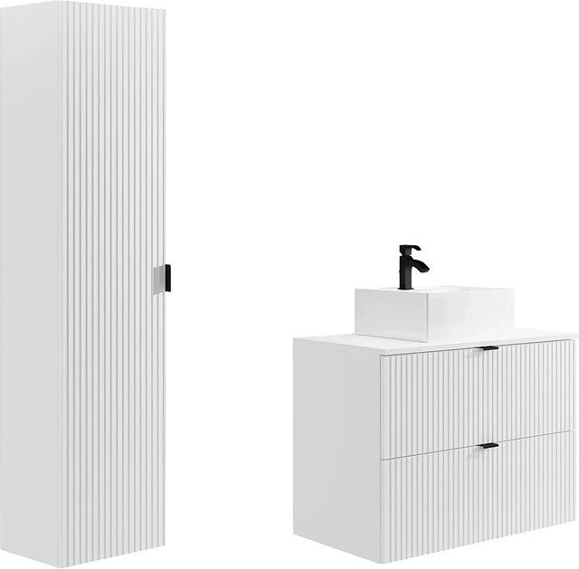 Badmöbel-Set ZEVINI in Weiß mit Streifenoptik, bestehend aus Waschbeckenunterschrank, Aufsatzwaschbecken und Badhochschrank, Breite: 80 cm - Bild 1