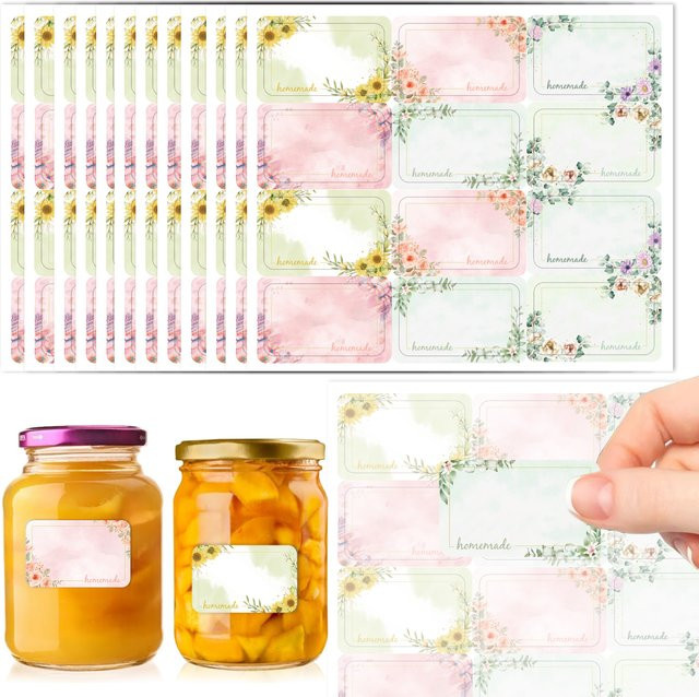 120 Stück selbstklebende Marmeladenetiketten in 6 Blumenstilen, beschreibbare Aufkleber für Glasflaschen und Gläser, B/H: 50 x 30 mm, Mehrfarbig - Bild 1