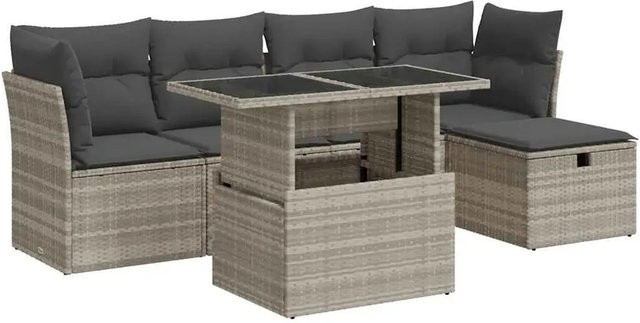 vidaXL 6-teilige Garten-Sofagarnitur in L-Form aus Poly-Rattan mit Kissen in Hellgrau - Bild 1