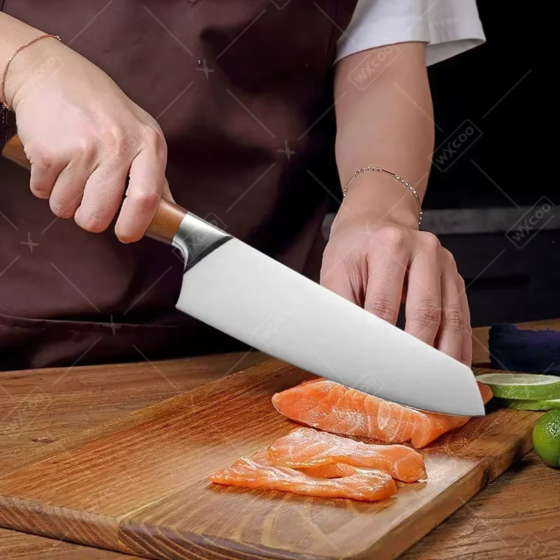 WXCOO Santoku-Küchenmesser aus Edelstahl in Silber mit Holzgriff zum Schneiden von Fleisch und Fisch - Bild 3