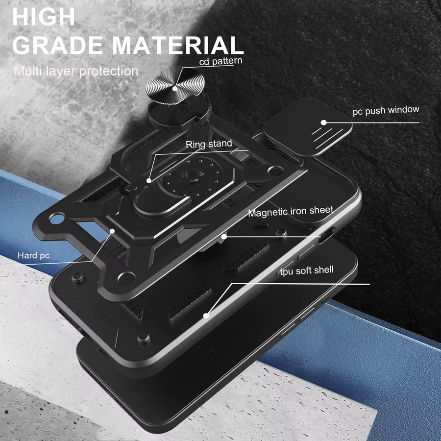 Magnetische Schutzhülle für iPhone 16E und SE4 mit Kamera-Schutz und Ring-Ständer in Schwarz - Bild 3
