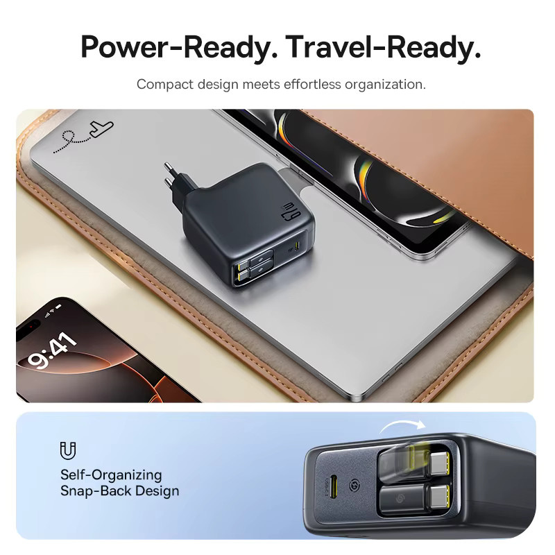 Baseus GaN Schnellladegerät mit USB-C und einziehbarem Kabel, 67W oder 100W, Schwarz - Bild 4