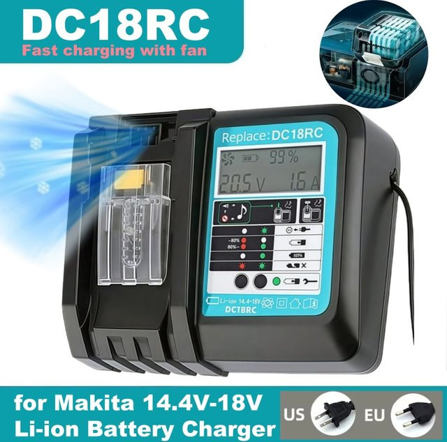 Makita DC18RC Schnellladegerät mit Lüfter für Li-Ionen-Akkus 3A für 14,4V und 18V Akkus wie BL1860B, BL1850B, BL1840, BL1830, BL1820, BL1415 und BL1440 - Bild 1