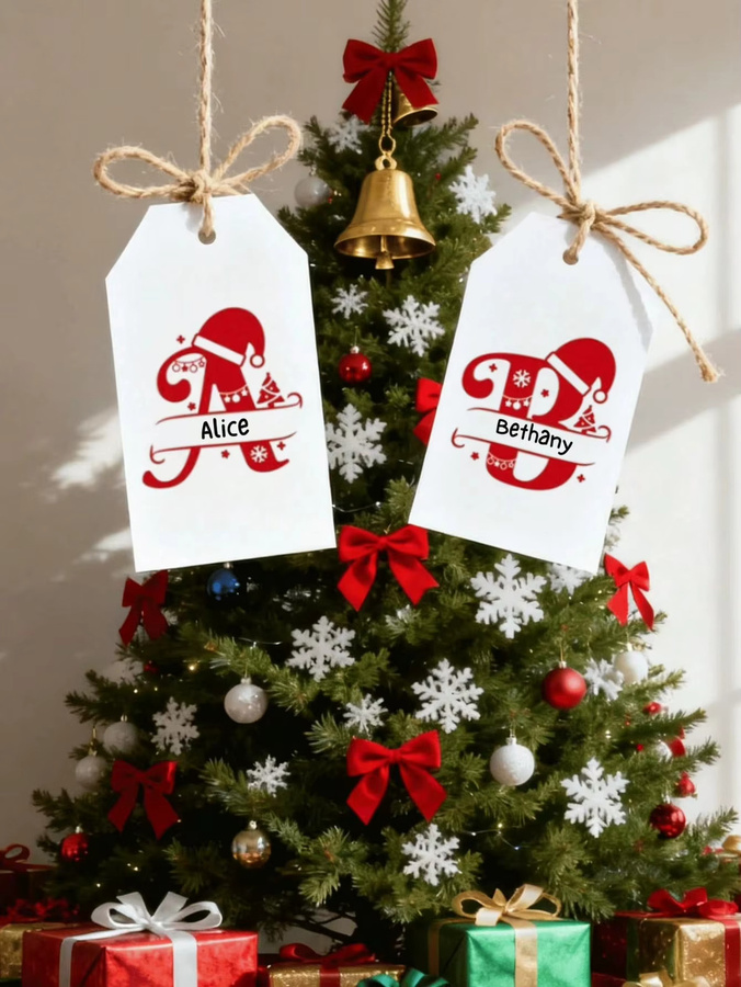Personalisierte Weihnachtsgeschenkanhänger aus weißem Papier mit Namen und Buchstaben, rechteckig und minimalistisch gestaltet - Bild 2