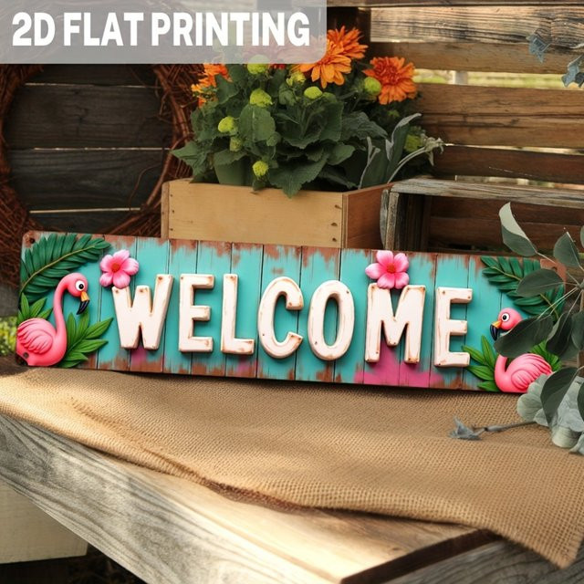 Hello Young Metall-Flamingo-Schild mit tropischem Design in Rosa und Grün, B/H: 40 x 40 cm - Bild 1