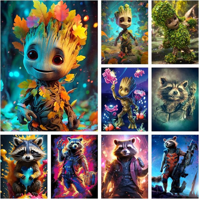 Beast Kingdom Baby Groot und Rocket Raccoon 5D Voll-Diamant-Kunstgemälde Guardians of the Galaxy Marvel Mosaik Kreuzstich Raumdekoration in Multicolour - Bild 1