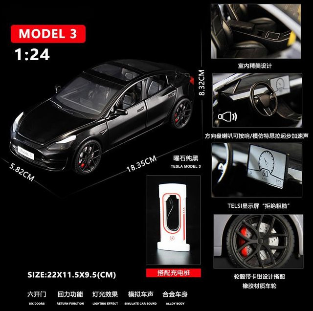 Linyi toy car Modell 3 Premium Elektro-Limousine, Modellauto, 1:24, Metall, Schwarz, ab 14 Jahren - Bild 1