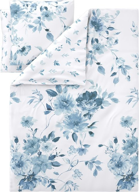 LIVARNO Edel-Renforcé-Bettwäsche mit Blumenmuster aus Baumwolle, weiß/blau/anthrazit, B/H: 200 x 220 cm und 2x Kissenbezüge 80 x 80 cm - Bild 1