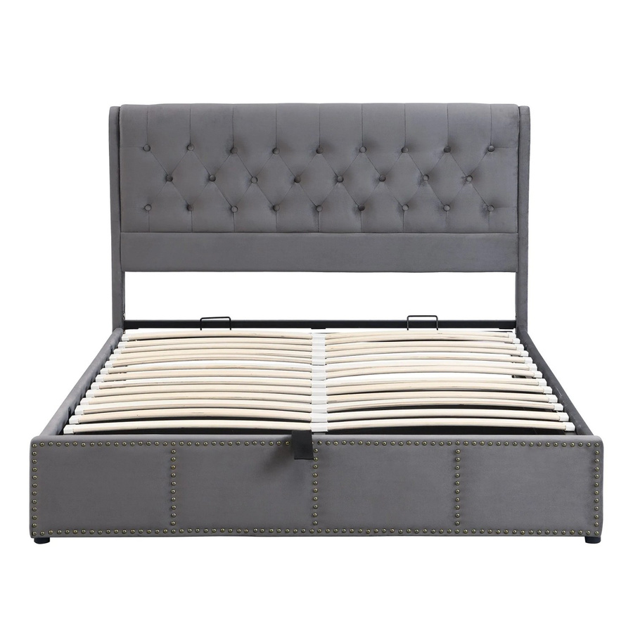 okwish Polsterbett mit Nietenverzierung aus Samt in Grau mit Lift-up-Funktion, B/T/H: 181 x 207 x 102,5 cm - Bild 2