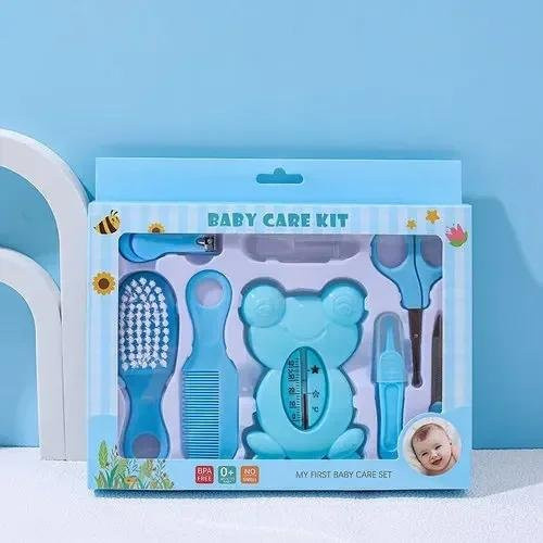 Super Six Baby-Pflegeset für Neugeborene und Kinder in Blau mit Thermometer, Nagelpflege und Bürsten aus Kunststoff und Edelstahl - Bild 1