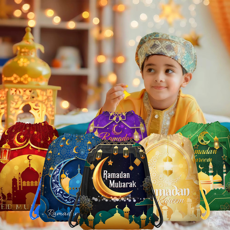 Eid Mubarak Vlies Geschenkbeutel mit Kordelzug für Ramadan und muslimische Feierlichkeiten in Lila und Mehrfarbig (5 oder 10 Stück) - Bild 2