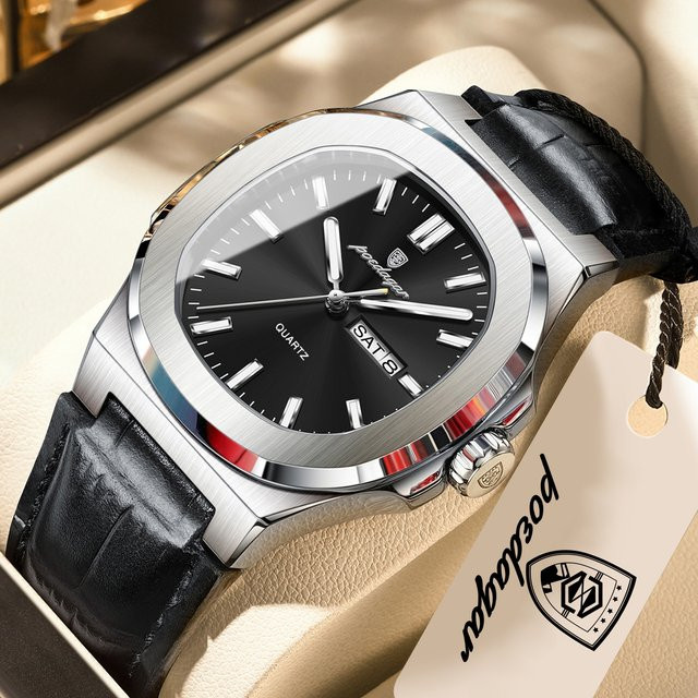 POEDAGAR Armbanduhr, Analoguhr, Edelstahl, Leder, Schwarz, Herren - Bild 1
