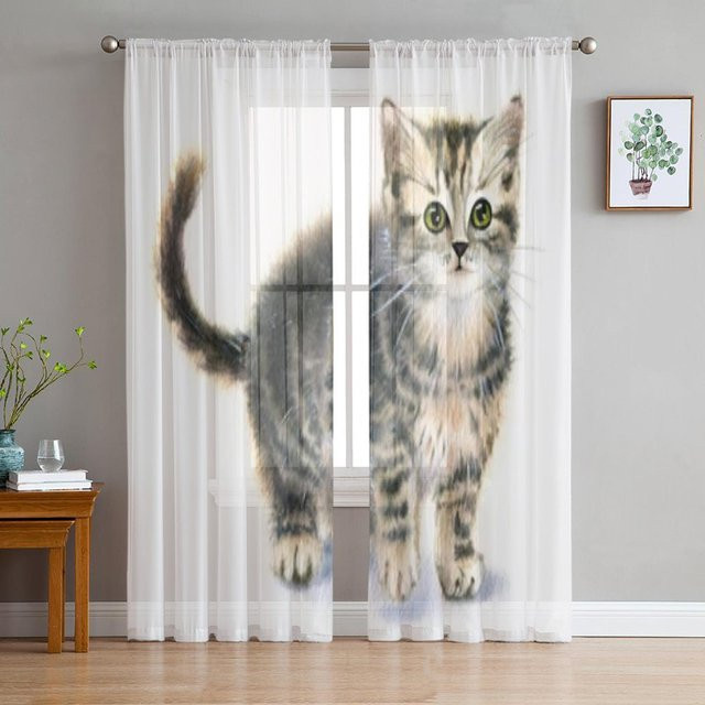 Transparente Tüll-Vorhänge mit Aquarell-Katzenmotiv in Weiß, 2er-Set, Breite: 135 cm, Höhe: 160 cm - Bild 1