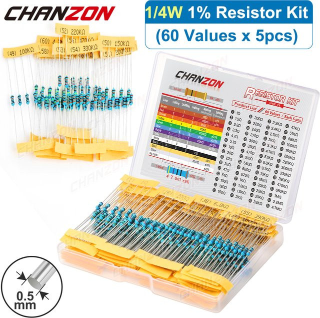 CHANZON Widerstands-Set mit 300 Stück 1/4 W Metallschichtwiderständen in Multicolor, 60 verschiedene Werte mit 1 % Präzision - Bild 1