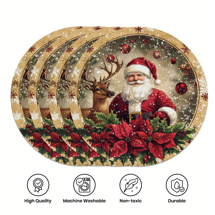 VIKAMA 4-teiliges Weihnachtsmann und Rentier Tischset aus Leinen mit Goldrand in Multicolour - Bild 3
