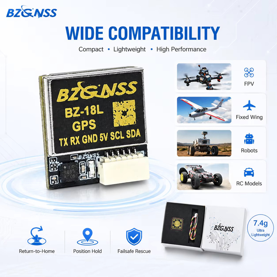 BZGNSS BZ-18L Leichtgewichtiges GPS-Modul mit Kompass in Schwarz, 7,4g GNSS-Empfänger für FPV-Drohnen, RC-Autos, Roboter und UAVs - Bild 2