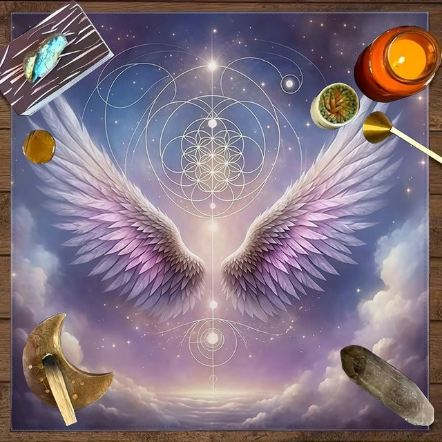 VIKAMA Tarot-Kartentuch Engelsflügel Blume des Lebens in Lila aus Leinen für Meditation und Wahrsagung - Bild 1