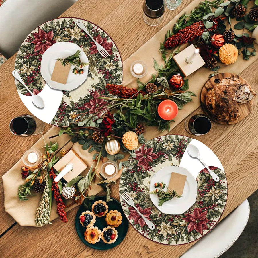 VIKAMA 4-teiliges Set Weihnachtsmatten mit Stechpalmen, Beeren und Kiefernwald in Mehrfarbig - Bild 3
