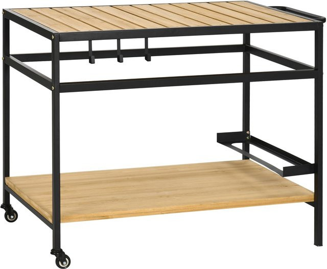 Outsunny Servierwagen Barbecue Trolley aus Massivholz und Stahl in Natur mit 2 Regalen und Haken, B/T/H: 65 x 107 x 80 cm - Bild 1