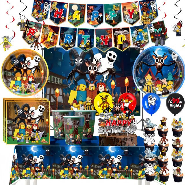 Potdemiel Geburtstagsparty-Dekoration 99 Nächte im Wald mit Hirsch-Motiv: Set aus Tassen, Tellern, Servietten, Ballons und Foto-Requisiten in Mehrfarbig für Kinderpartys - Bild 1