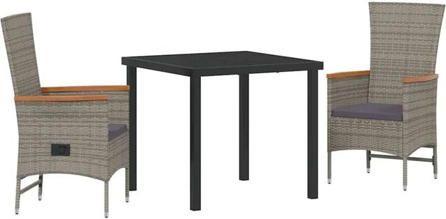 vidaXL Garten Essgruppe 3-teilig aus Poly-Rattan und Akazienholz in Grau mit Kissen und Glastisch - Bild 1