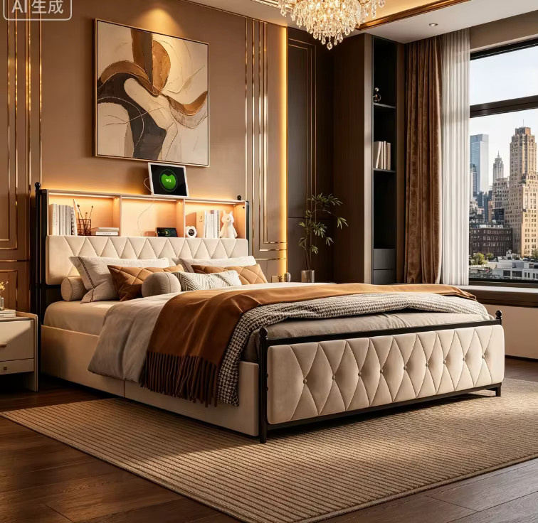 Rosahqnda Polsterbett in Beige mit Stauraum und 4 Schubladen, Doppelbett mit LED-Beleuchtung und USB-Anschluss, B/T: 180 x 200 cm - Bild 5