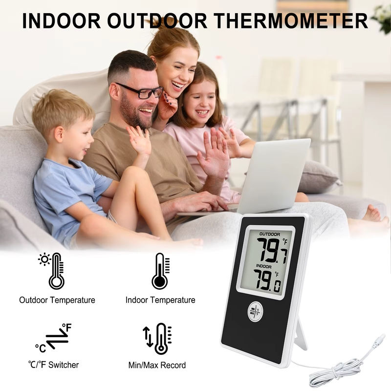 Urageuxy Digitales Innen- und Außenthermometer in Schwarz mit kabelgebundenem Sondensensor für Zuhause, Büro, Gewächshaus und Aquarium - Bild 2