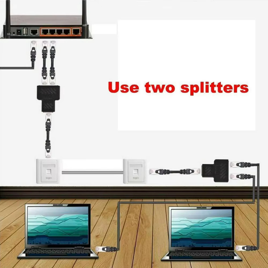RJ45 Ethernet LAN Adapter 1-auf-2 Netzwerk-Verteiler und Expanderstecker in Schwarz - Bild 2