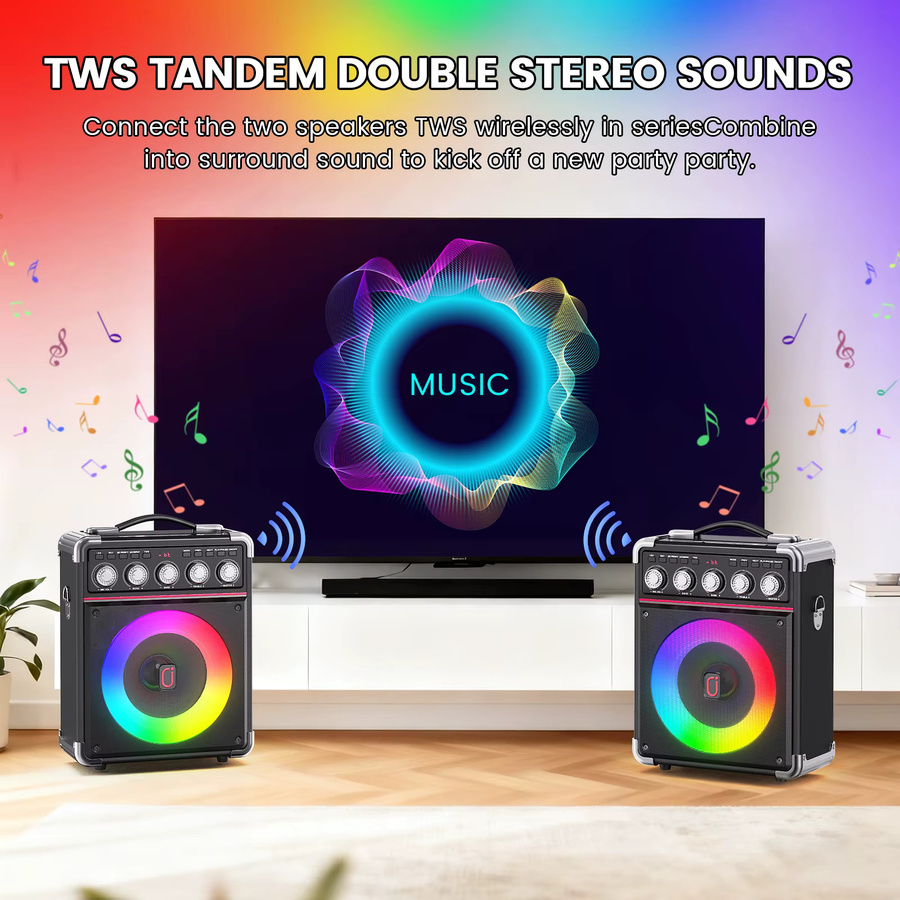 FanFun TX05 Karaoke-Maschine in Schwarz mit 2 kabellosen Mikrofonen, RGB-Licht und Unterstützung für TF, USB, AUX sowie TWS für deine Home Party - Bild 6