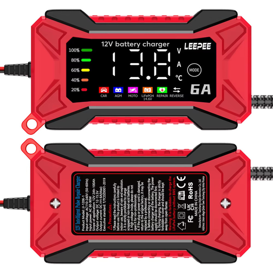 Digitales Smart Lithium-Eisen-Ladegerät mit LCD-Display für 12V Auto-Batterien, 14,6V 10A mit Puls-Reparaturfunktion, Farbe: Rot - Bild 5