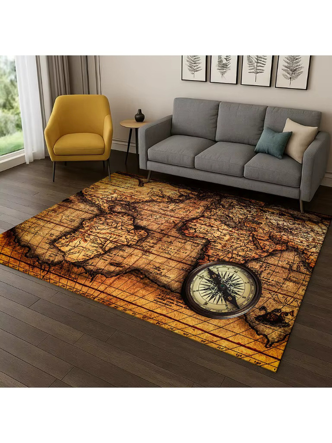 Faviora Retro-Navigationskarte Teppich mit Kompass-Design, rutschfest, Braun, B/T: 60 x 40 cm - Bild 2