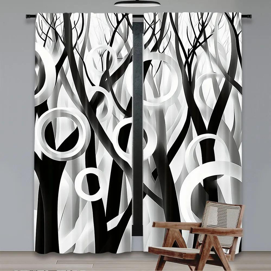 Tonnika Chen Vorhang Set mit geometrischem Kreisdruck in Schwarz-Weiß aus Polyester, 2 Stück, Breite: 100 cm, Höhe: 70 cm - Bild 5