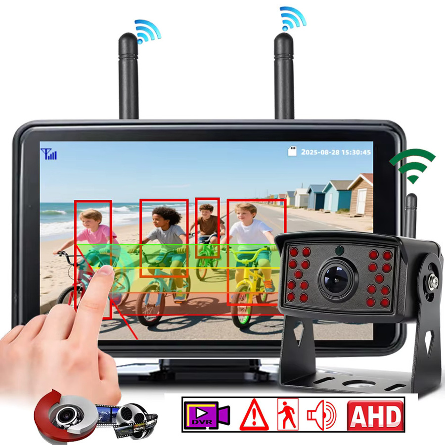 QXNY Kabellose Rückfahrkamera mit 7-Zoll-Touchscreen-Monitor und digitalem DVR-Rekorder sowie BSD-Alarm in Schwarz für LKW, Anhänger, Bus, Wohnmobil und Van - Bild 2