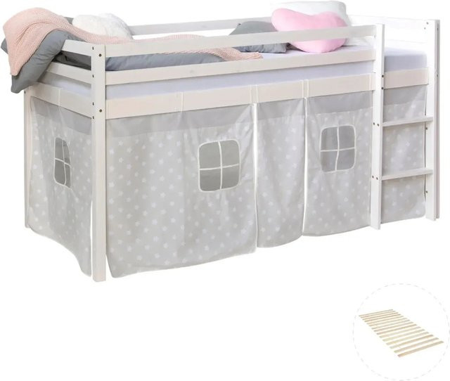 Homestyle4u Hochbett für Kinder aus Kiefernholz mit Vorhang und Lattenrost, Farbe Weiß mit Sternen, B/T/H: 90 x 200 x 165 cm - Bild 1