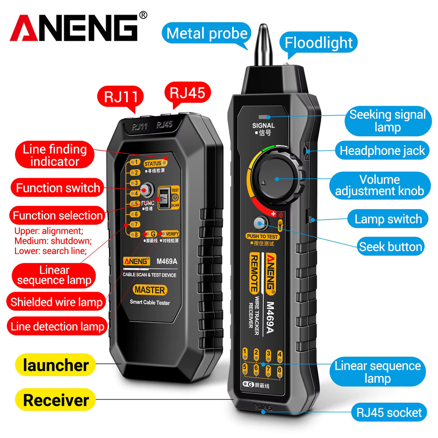 ANENG M469A Netzwerkkabel-Tester RJ45 RJ11 LAN-Kabelfinder mit Taschenlampe in Schwarz - Bild 4