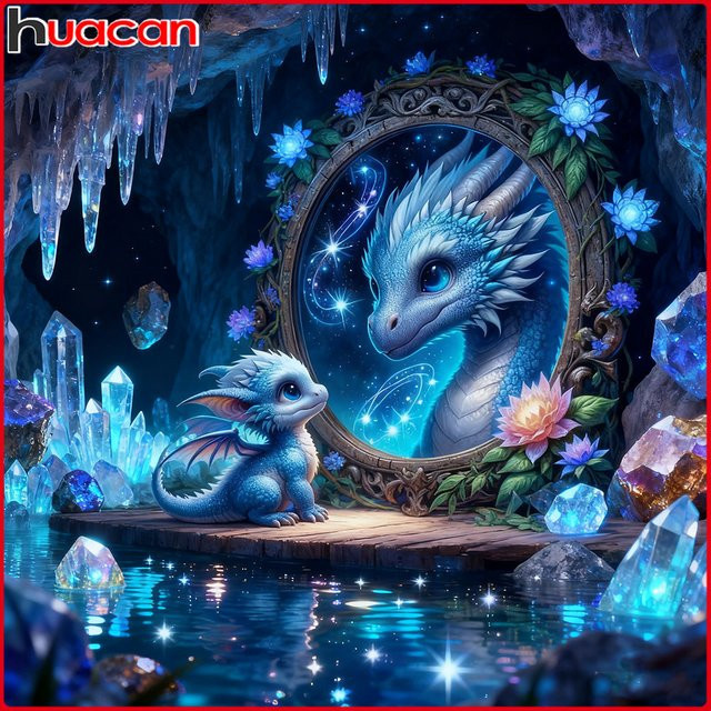 Huacan Volldiamantgemälde Drachenblume mit Tier-Motiv in Blau als runde Wanddekoration, Durchmesser: 20 cm - Bild 1