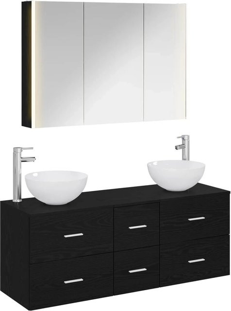 vidaXL Badezimmermöbel-Set 4-teilig in Schwarz Eiche Matt mit LED-Beleuchtung und Glas, bestehend aus Waschtischunterschrank, Spiegelschrank und Seitenschrank - Bild 1