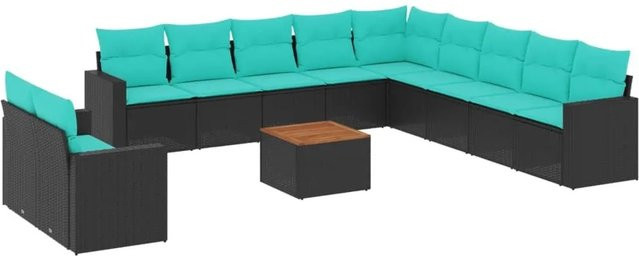 vidaXL 12-teilige Garten-Sofagarnitur aus Poly-Rattan und Akazienholz in Schwarz mit blauen Kissen - Bild 1