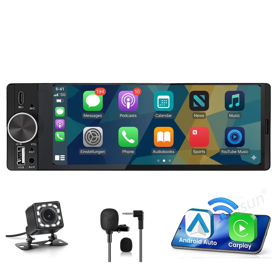 Junsun 1 DIN Carplay Display mit GPS in Schwarz, 6 Zoll - Bild 2