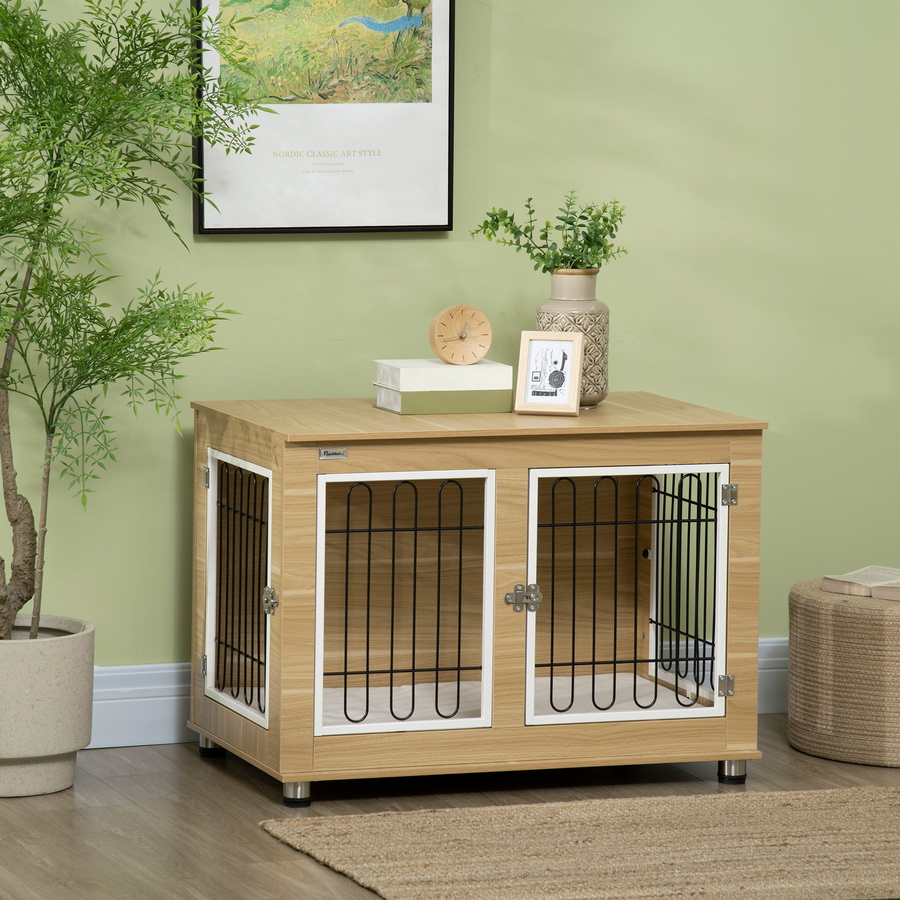 PawHut Hundehütte mit Kissen und Doppeltüren in Eiche, Hundebox für mittelgroße Hunde mit Tischplatte, B/T/H: 58 x 90 x 65 cm - Bild 2