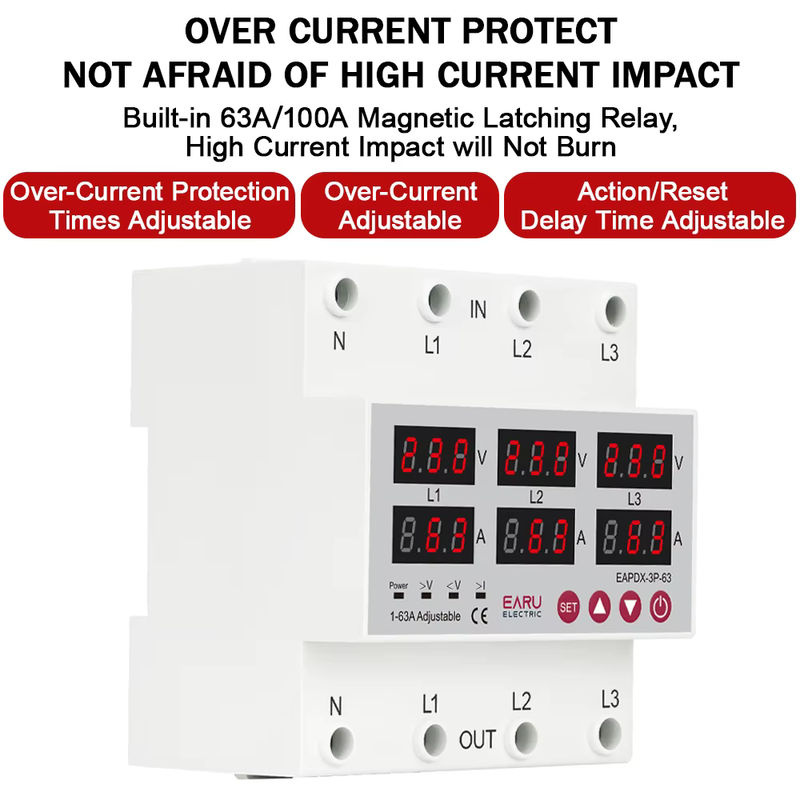 EARU Dreiphasen-Spannungsstrom-Schutzschalter mit Unterspannungsschutz, Strombegrenzungsschutz und Relaisschutz für DIN-Schiene, 3 x 220 V / 380 V, 63 A bis 100 A - Bild 3