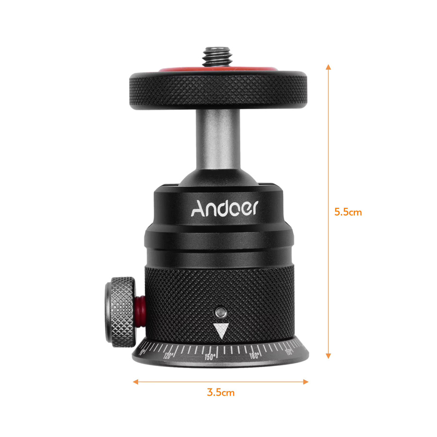 Andoer Stativ-Kugelkopfhalterung aus Aluminiumlegierung in Schwarz mit 360° Panorama-Drehung und skalierter Basis sowie universeller 1/4-Zoll-Montage für spiegellose Kameras - Bild 2