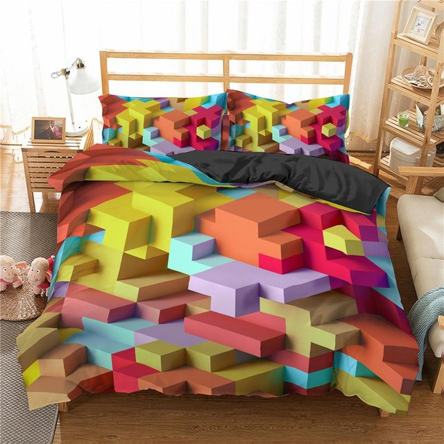JMG Household Supplies Bettwäsche Set Baustein Königin mit Deckenbezug und Kissenbezug, Buntes Ziegelstein Design, Polyester, Mehrfarbig, B/H: 135 x 200 cm - Bild 1
