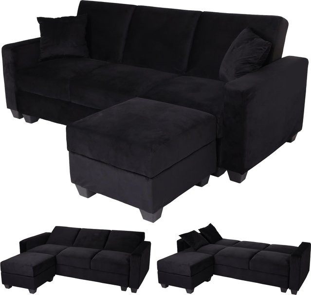 MCW Sofa H47 mit Ottomane, L-Form Ecksofa mit Schlaffunktion und Stauraum, Samt Schwarz, B/T/H: 217 x 145 x 89 cm - Bild 1