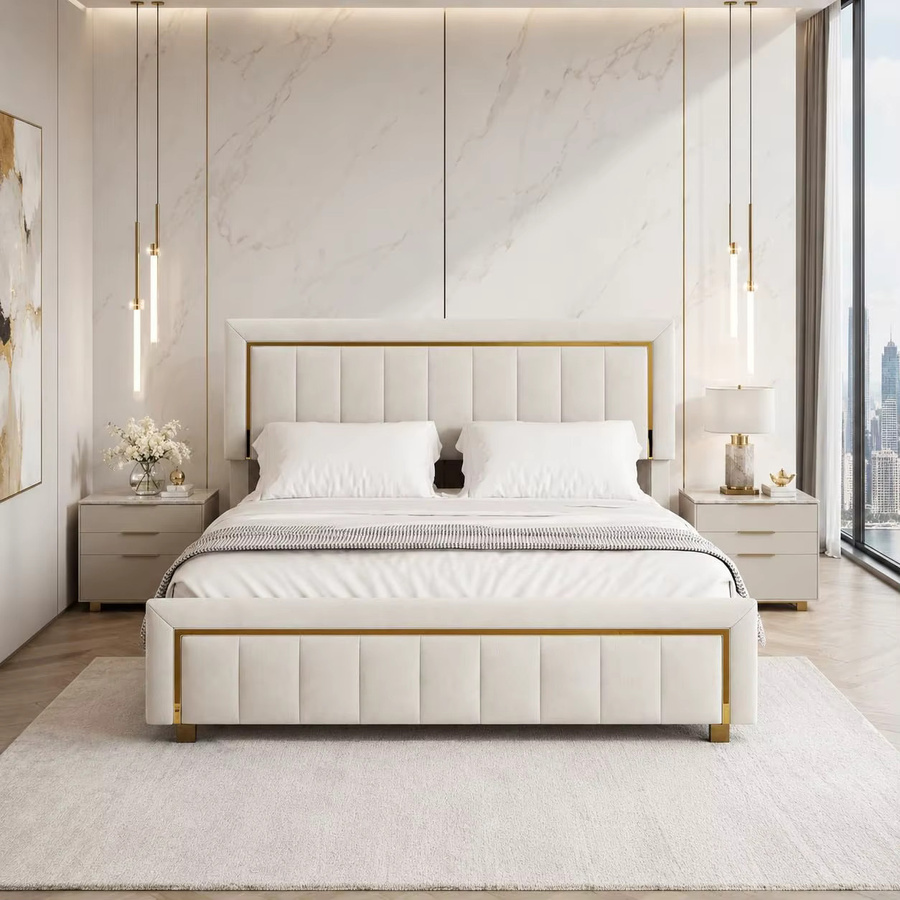 Gepolstertes Doppelbett mit Stauraum und Kopfteil in Rosahqnda, Samt, B/T: 160 x 200 cm - Bild 1