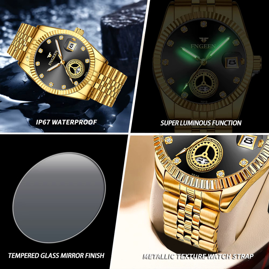 BINBOND Armbanduhr Quarz, Edelstahl, Gold, Schwarz, Herren - Bild 5